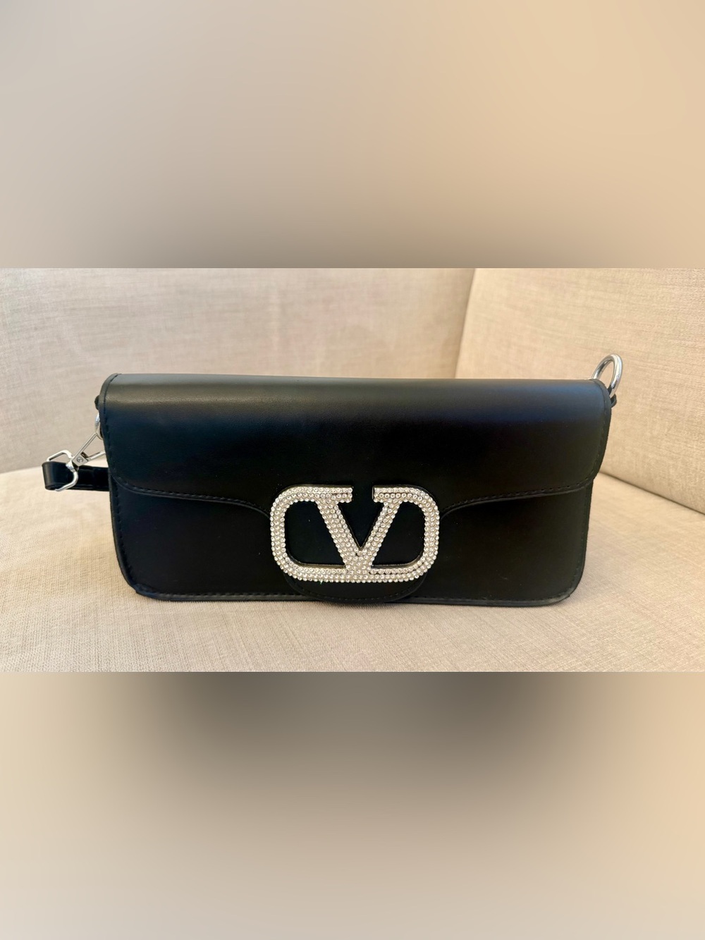 Valentino Garavani Black Crystal VLogo Shoulder/Clutch
